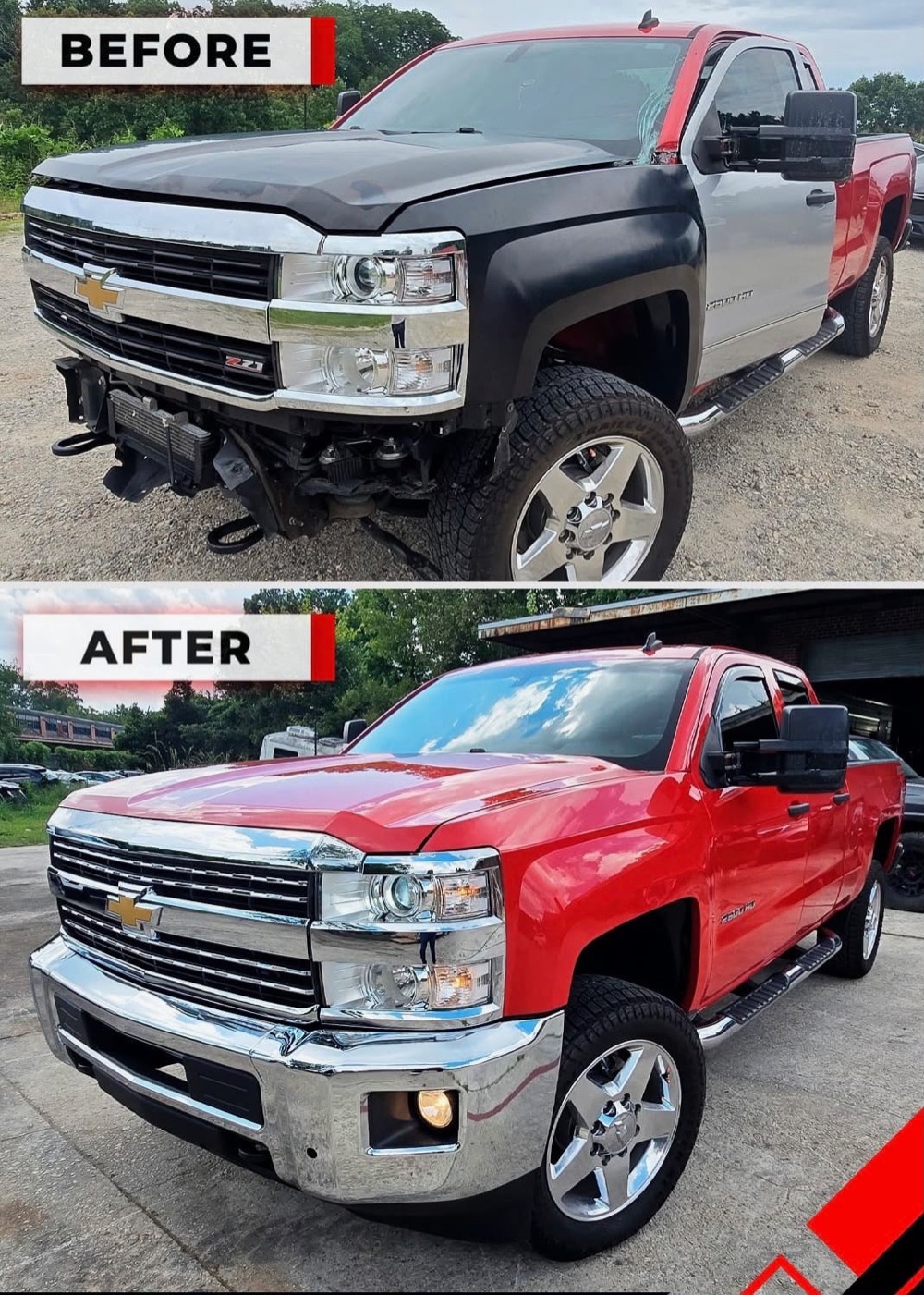 Before and after: a Chevrolet Silverado with a stripped front end, then fully repaired and repainted red at Automotive Solutions